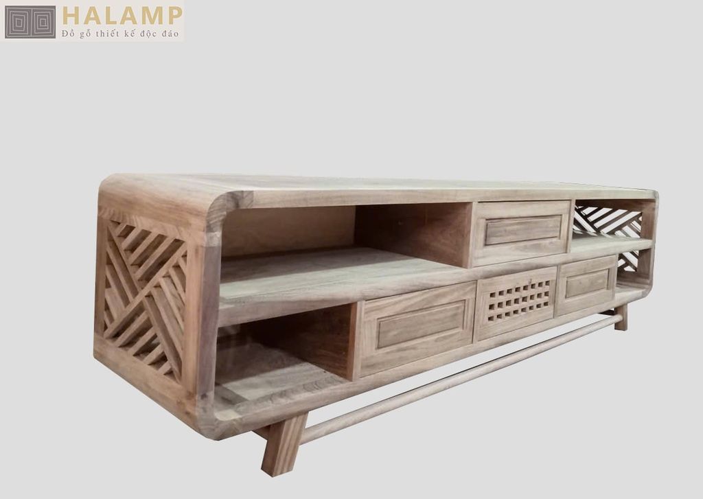 Chi tiết kệ ti vi gỗ Việt KTV002 thi công với gỗ Gụ