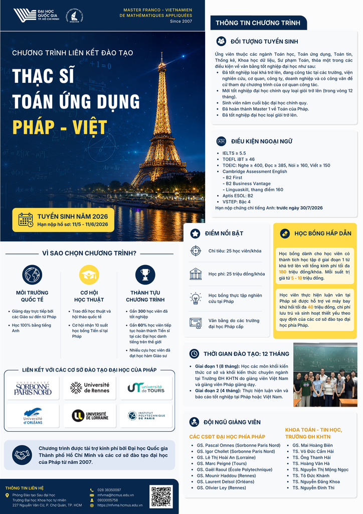 📢 🎓 🌍 Thông báo xét tuyển chương trình liên kết đào tạo trình độ thạc sĩ ngành Toán ứng dụng giữa trường Đại học Khoa học tự nhiên, ĐHQG-HCM với bốn (04) cơ sở đào tạo Đại học của cộng hòa Pháp