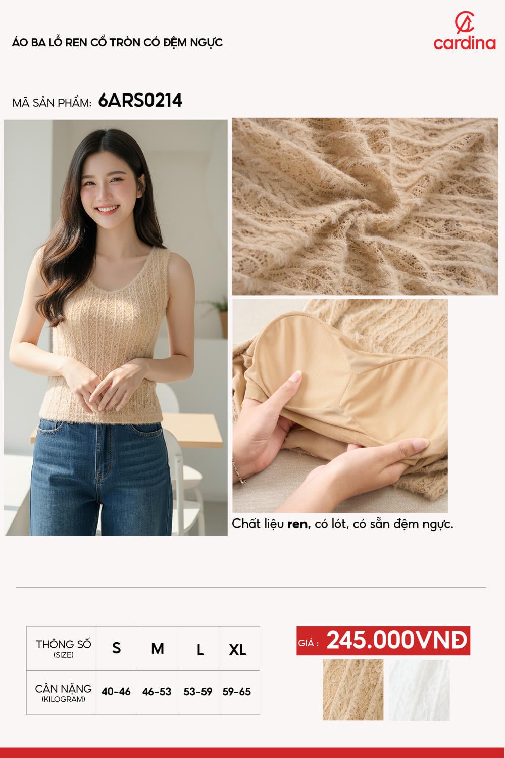 Áo ba lỗ nữ ren cổ tròn có đệm ngực tinh tế.