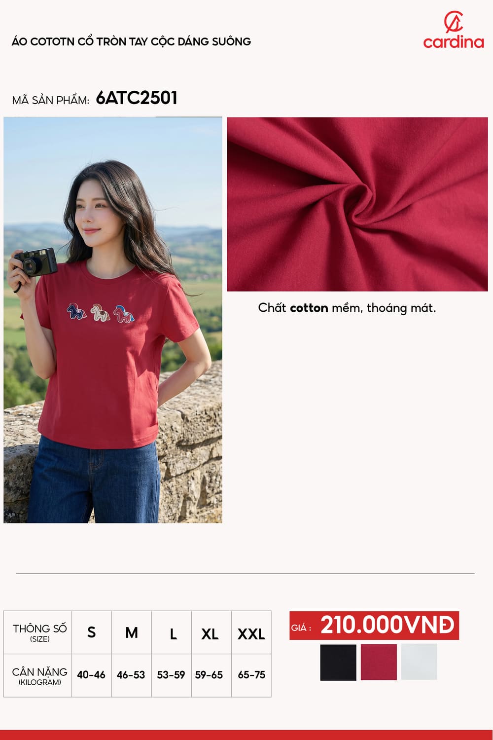 Áo cotton cổ tròn tay cộc dáng suông