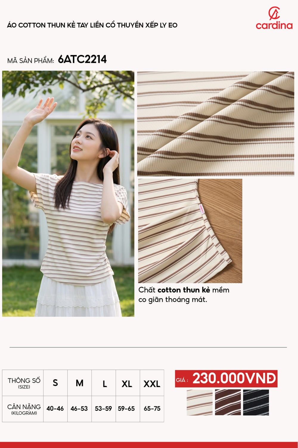 Áo cotton thun kẻ tay liền cổ thuyền xếp ly eo