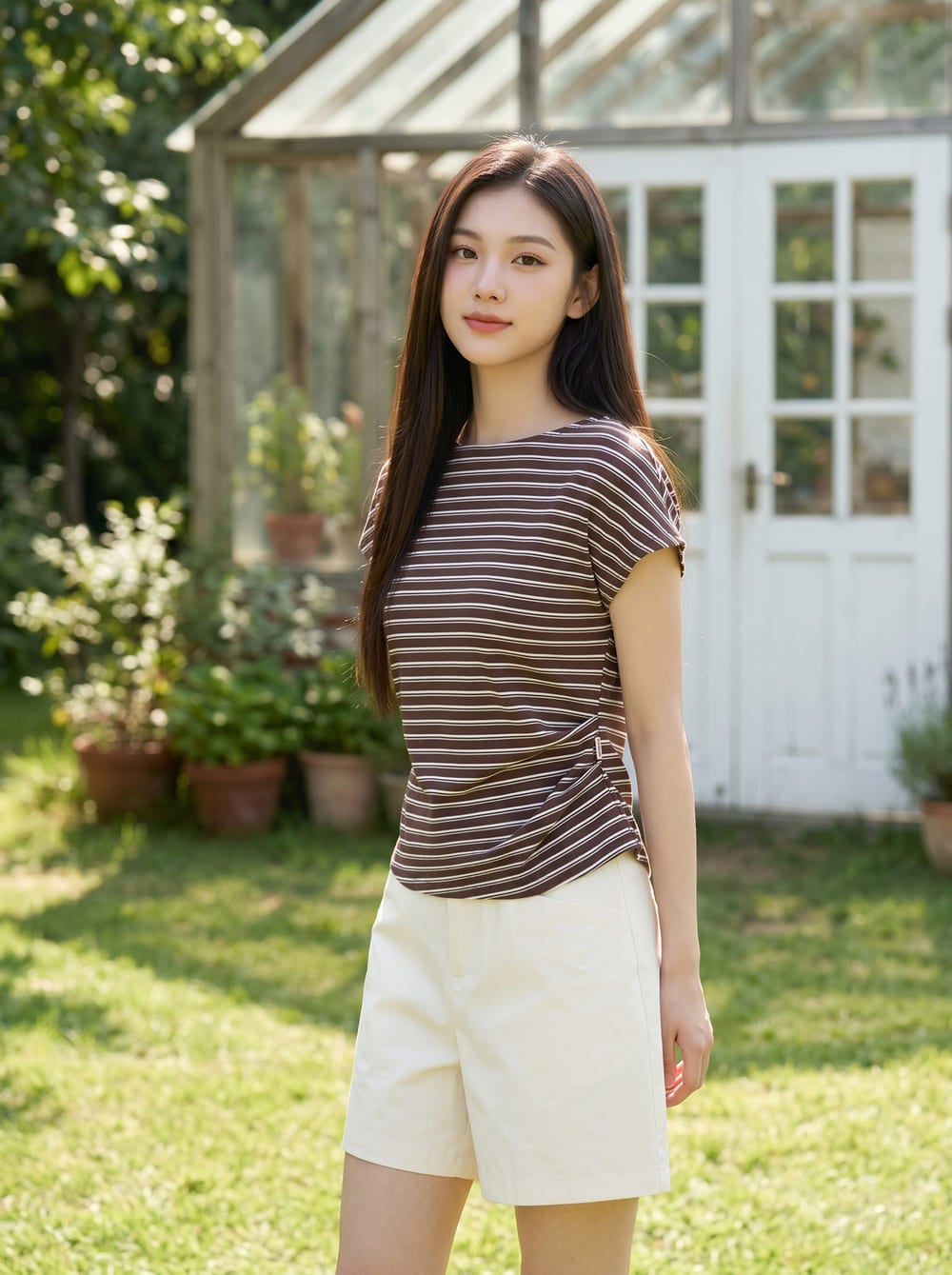 Áo cotton thun kẻ tay liền cổ thuyền xếp ly eo