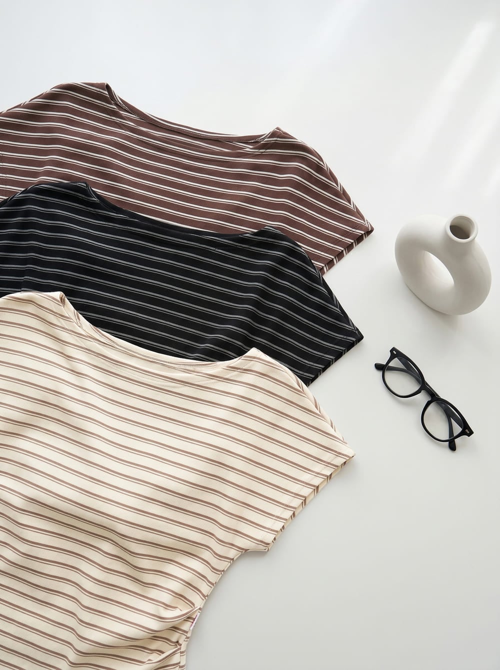 Áo cotton thun kẻ tay liền cổ thuyền xếp ly eo