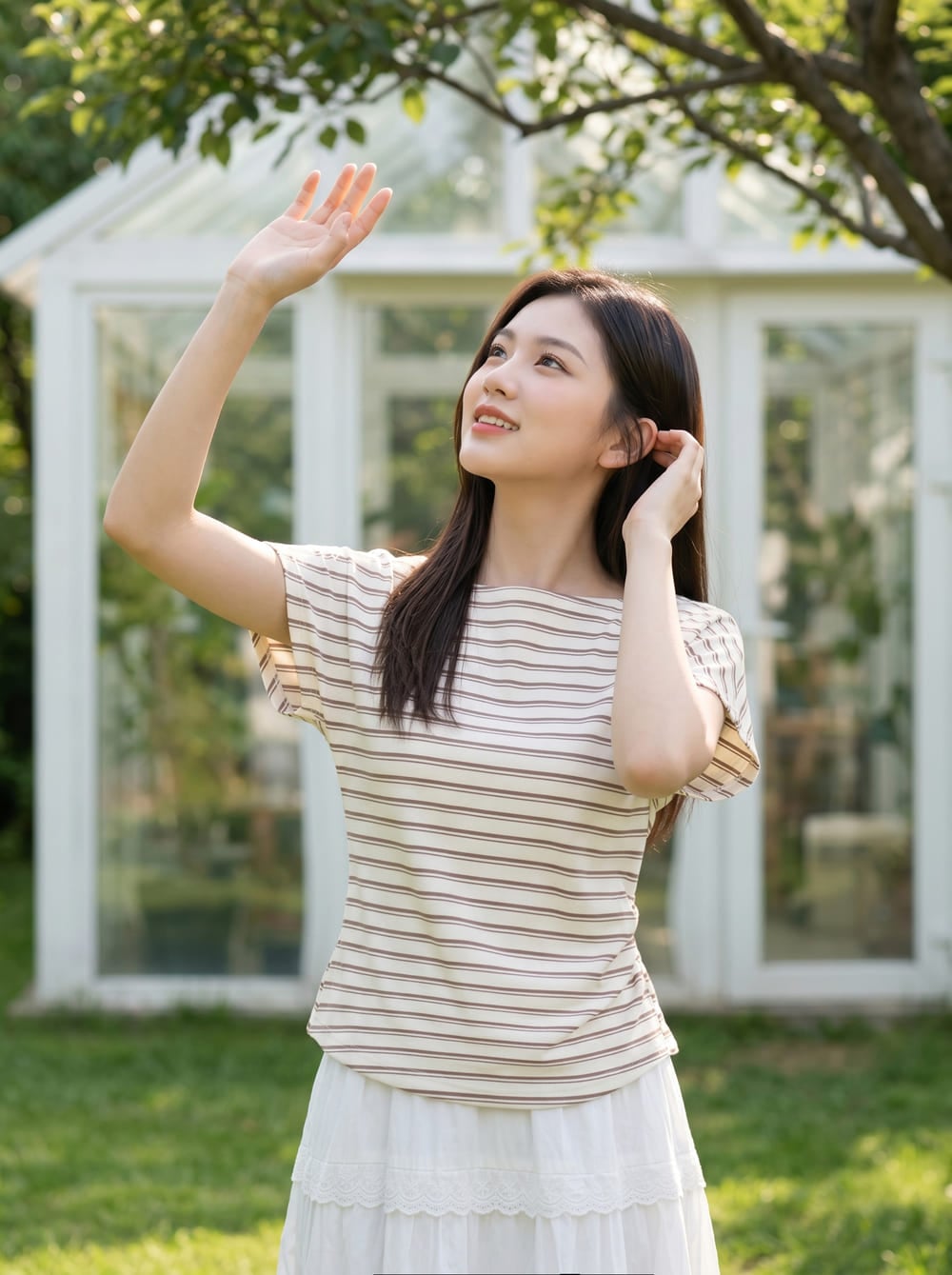 Áo cotton thun kẻ tay liền cổ thuyền xếp ly eo