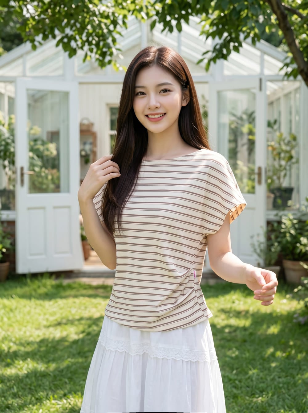 Áo cotton thun kẻ tay liền cổ thuyền xếp ly eo