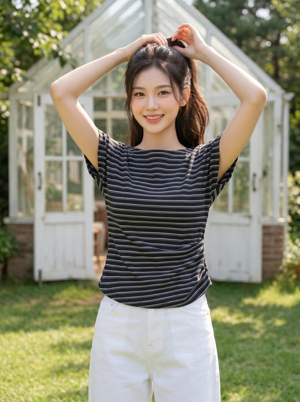 Áo cotton thun kẻ tay liền cổ thuyền xếp ly eo