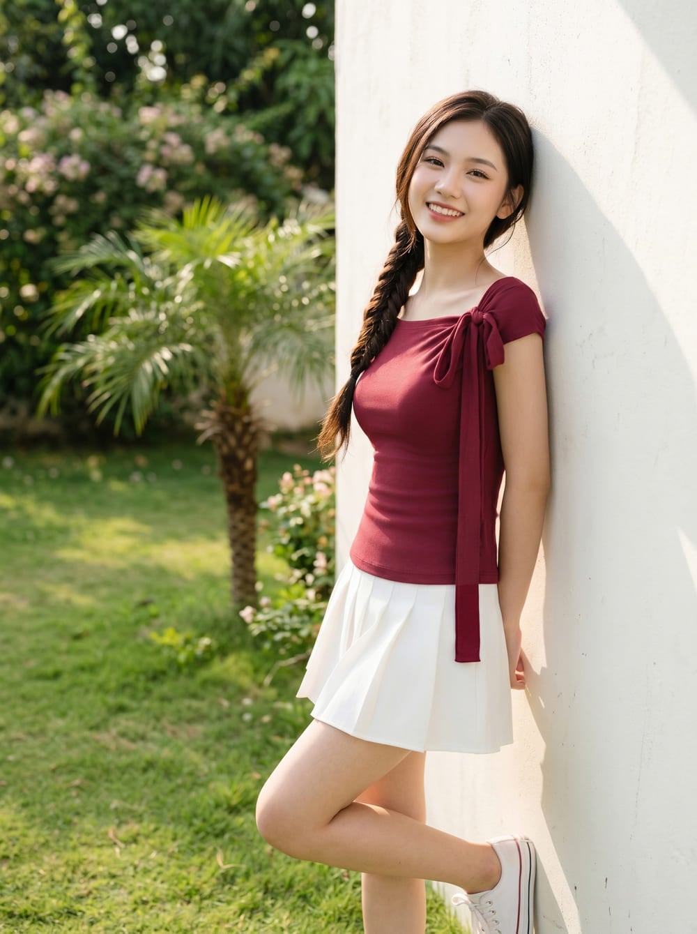 Áo tay cộc cổ thắt nơ lệch