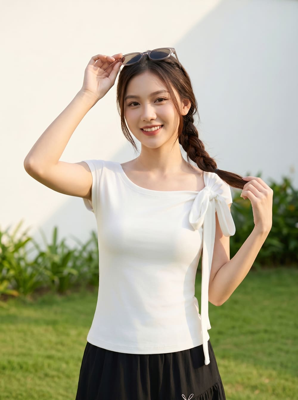 Áo tay cộc cổ thắt nơ lệch