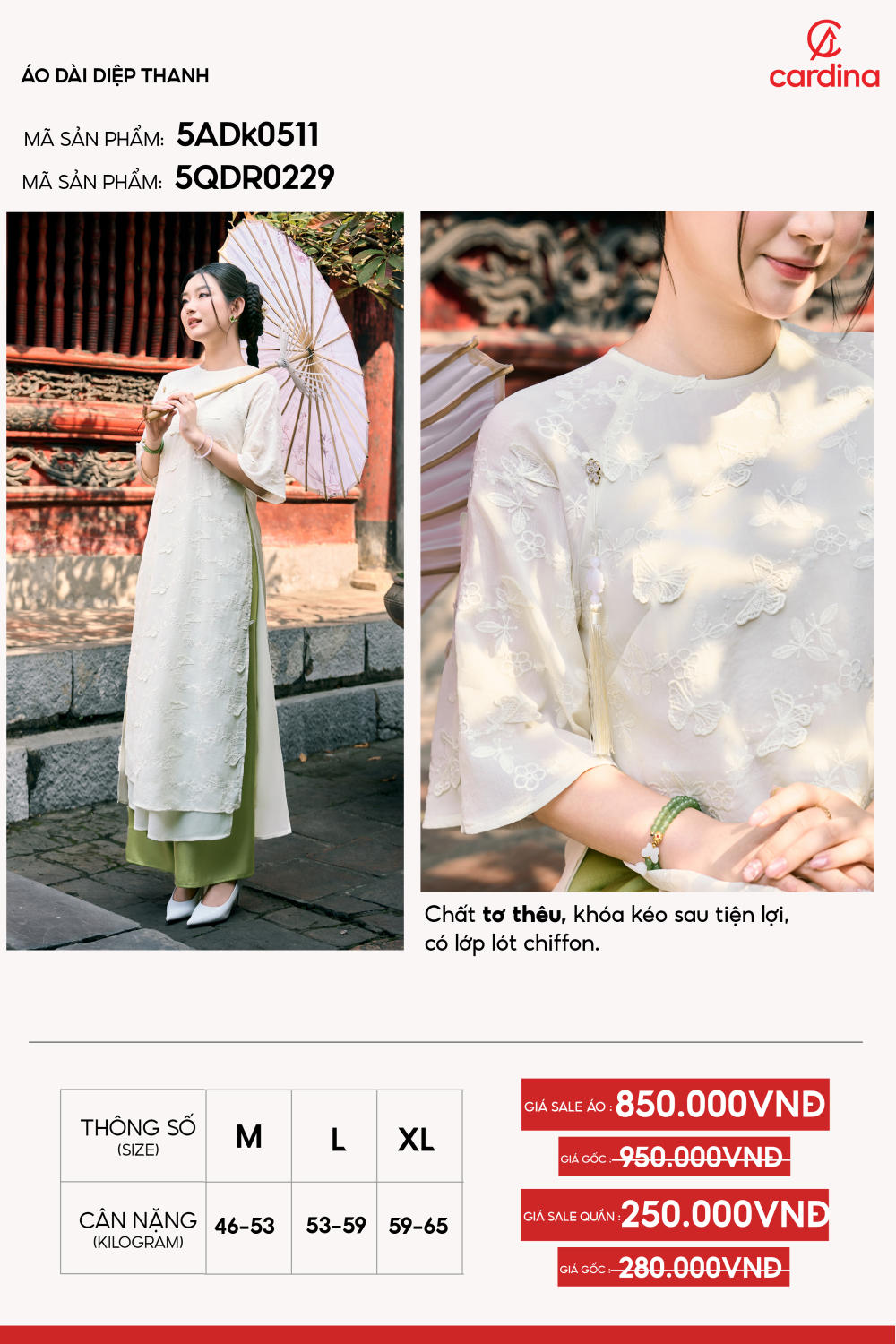 Áo dài tơ thêu họa tiết bướm phối lớp lót chiffon thanh lịch