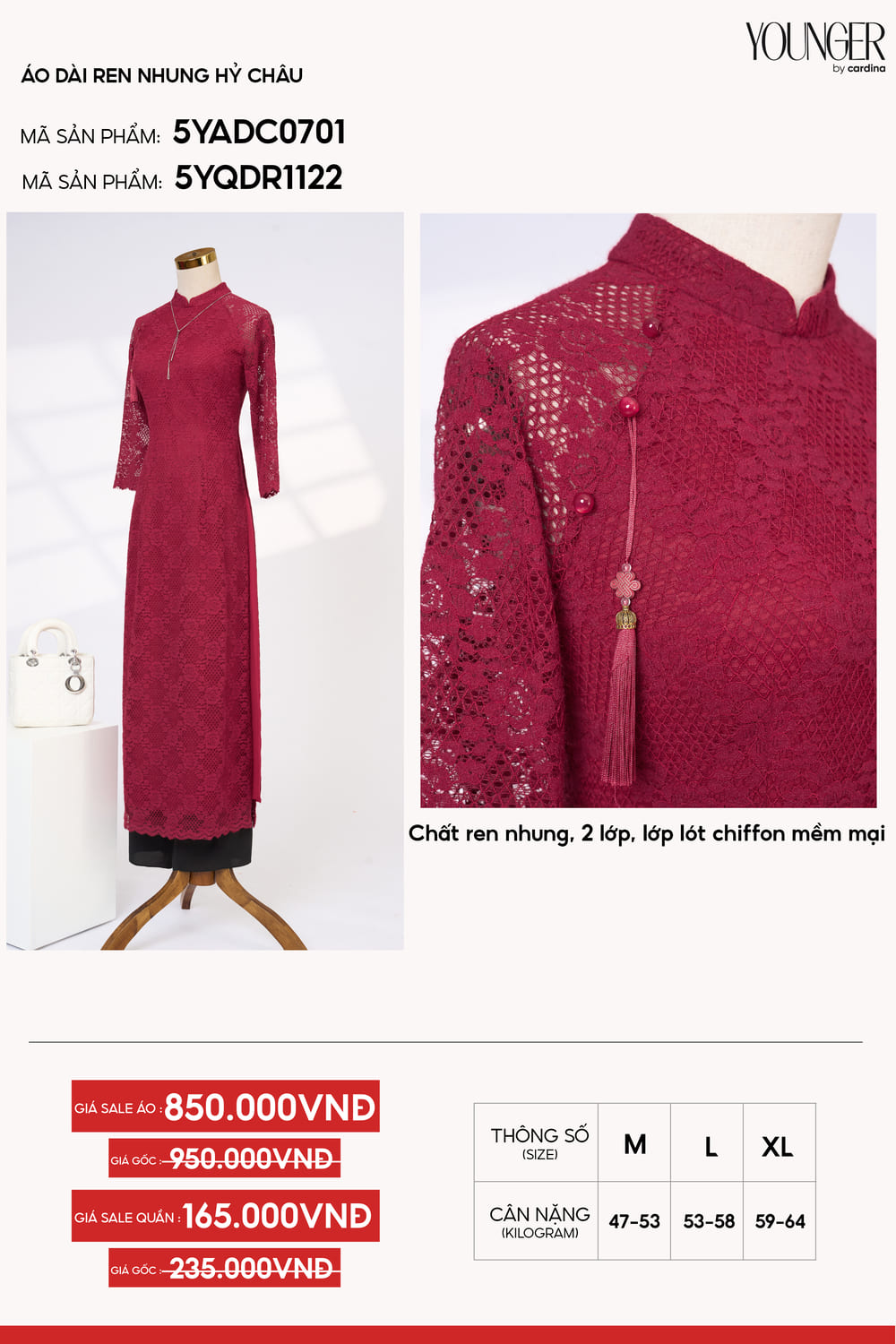 Áo dài nữ Hỷ Châu vải Ren Nhung dáng suông cổ Tàu đính tua rua