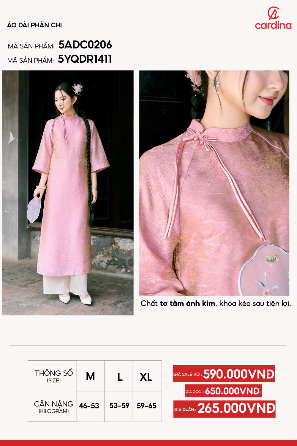 Áo dài tơ tằm ánh kim thiết kế cổ cao cúc tết truyền thống