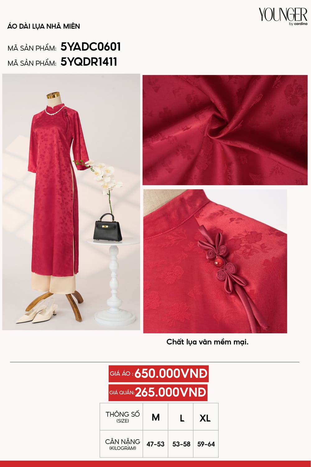 Áo Dài nữ Younger dòng Truyền thống vải lụa vân mềm mại dáng tay lỡ cúc Tết