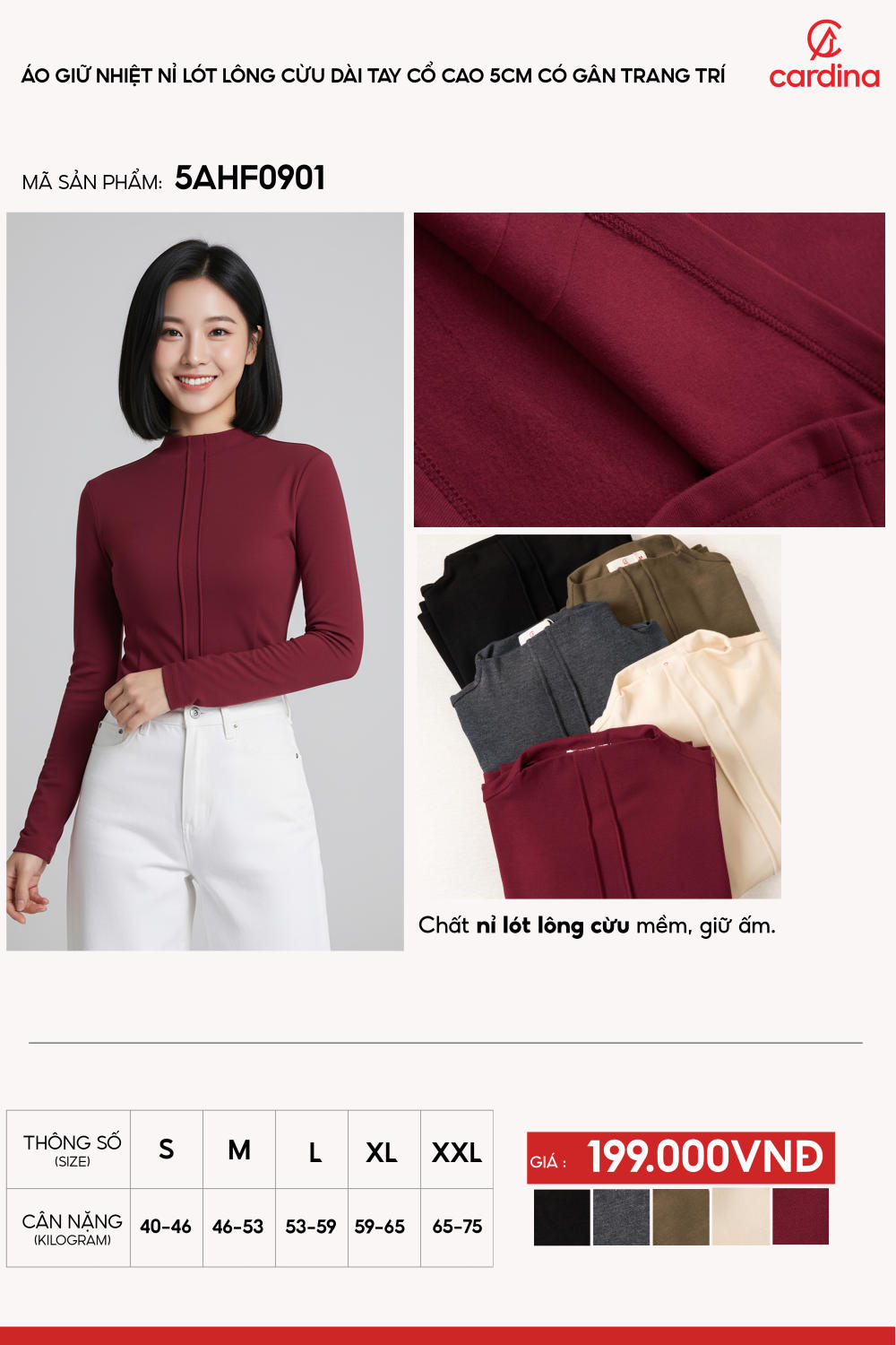 Áo giữ nhiệt nỉ lót lông cừu cổ 5cm họa tiết gân trang trí