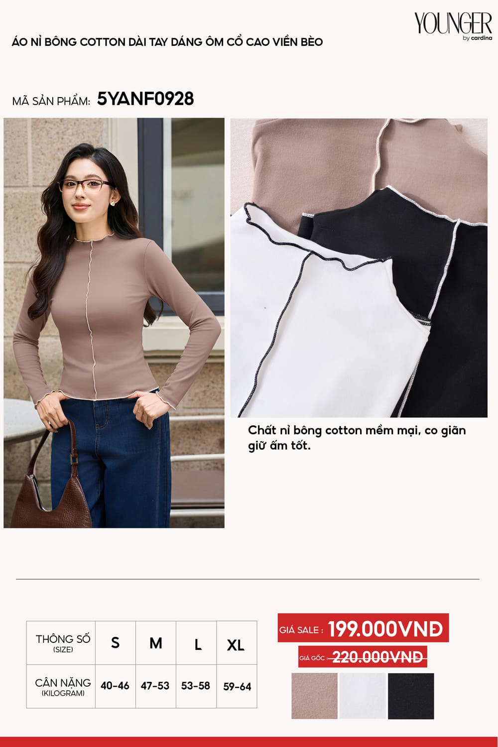 Áo nỉ bông cotton nữ dài tay dáng ôm cổ cao viền bèo