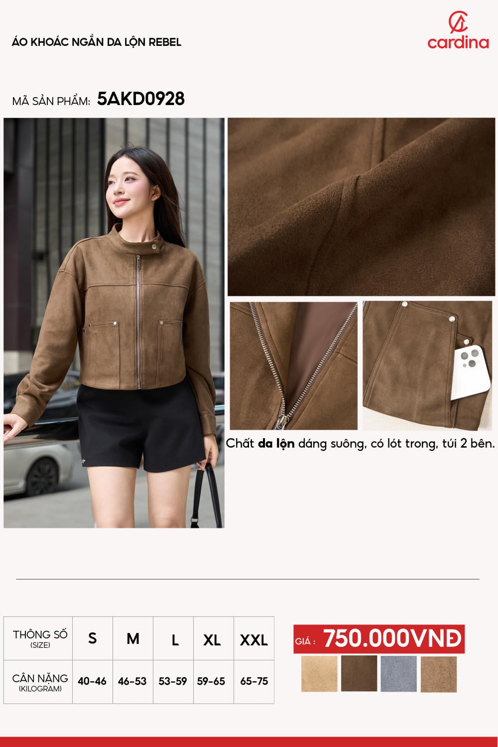 Áo khoác ngắn da lộn dáng suông cá tính có lót trong