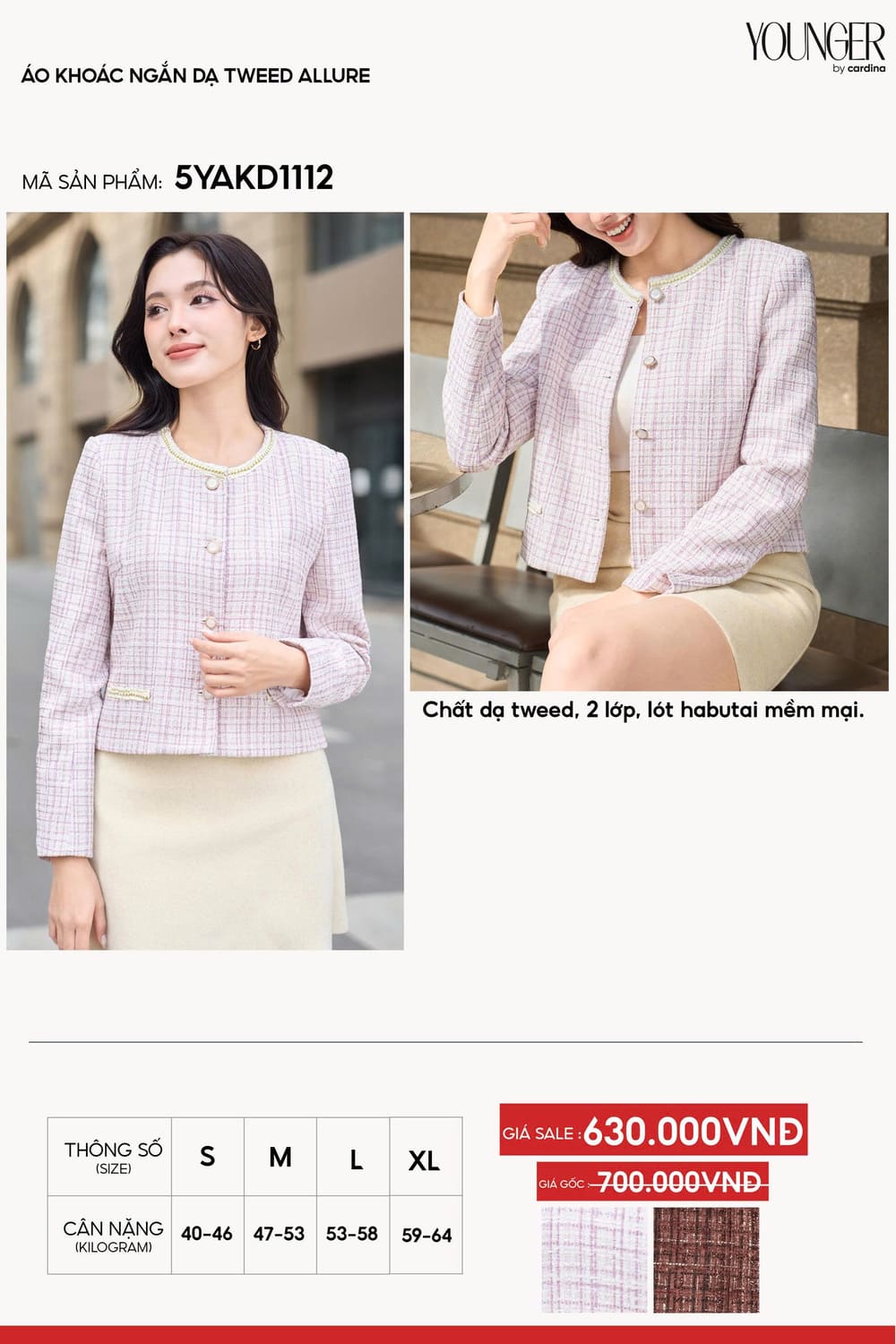 Áo khoác nữ Cardina dòng Thanh Lịch vải Dạ Tweed dáng Ngắn cổ tròn viền màu