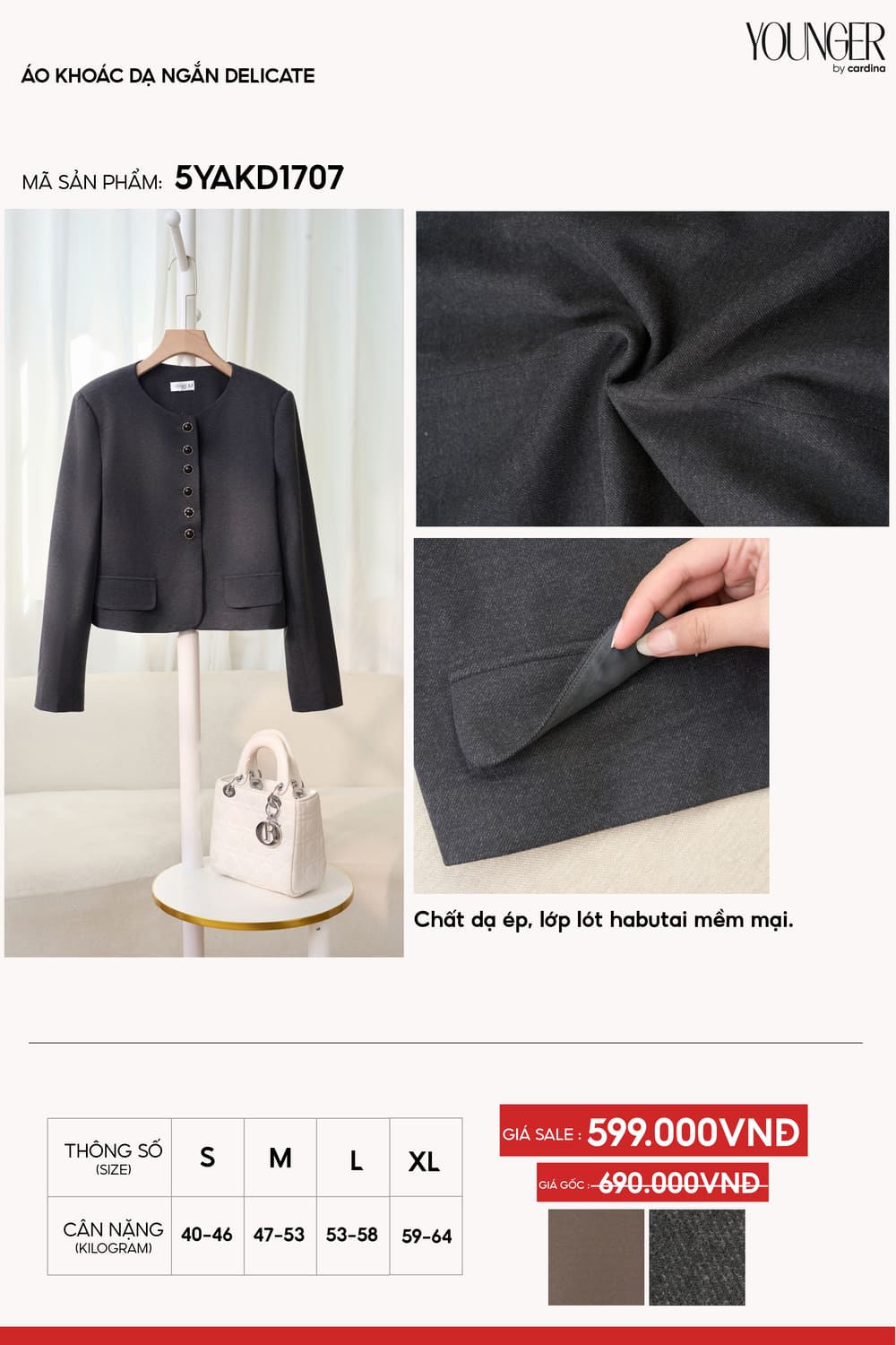 Áo khoác dạ ép nữ lót habutai dáng ngắn cổ tròn Delicate