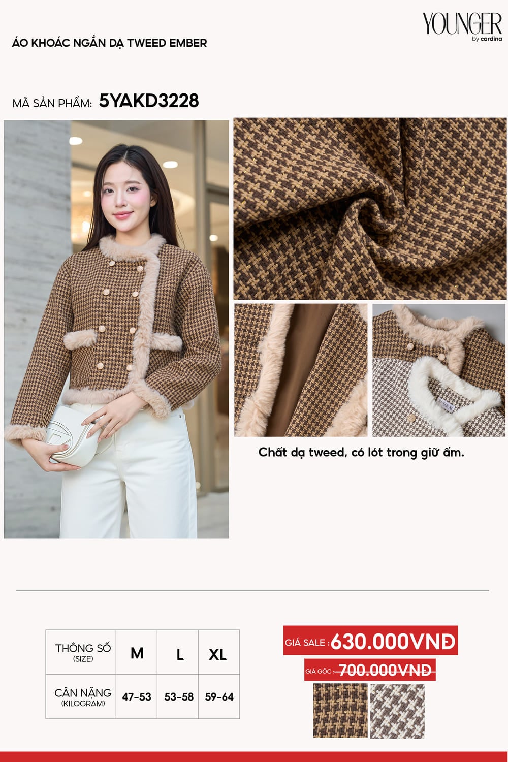 Áo khoác ngắn dạ Tweed phối lông cừu cổ tròn họa tiết nanh sói