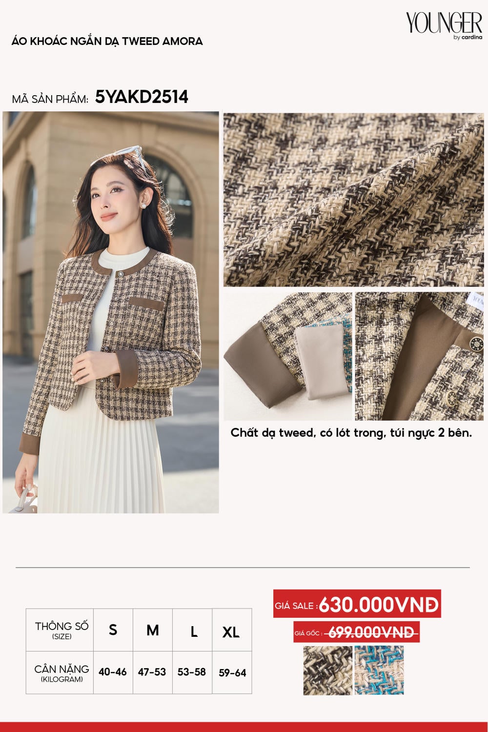 Áo khoác dạ Tweed dáng ngắn không cổ phối viền sang trọng