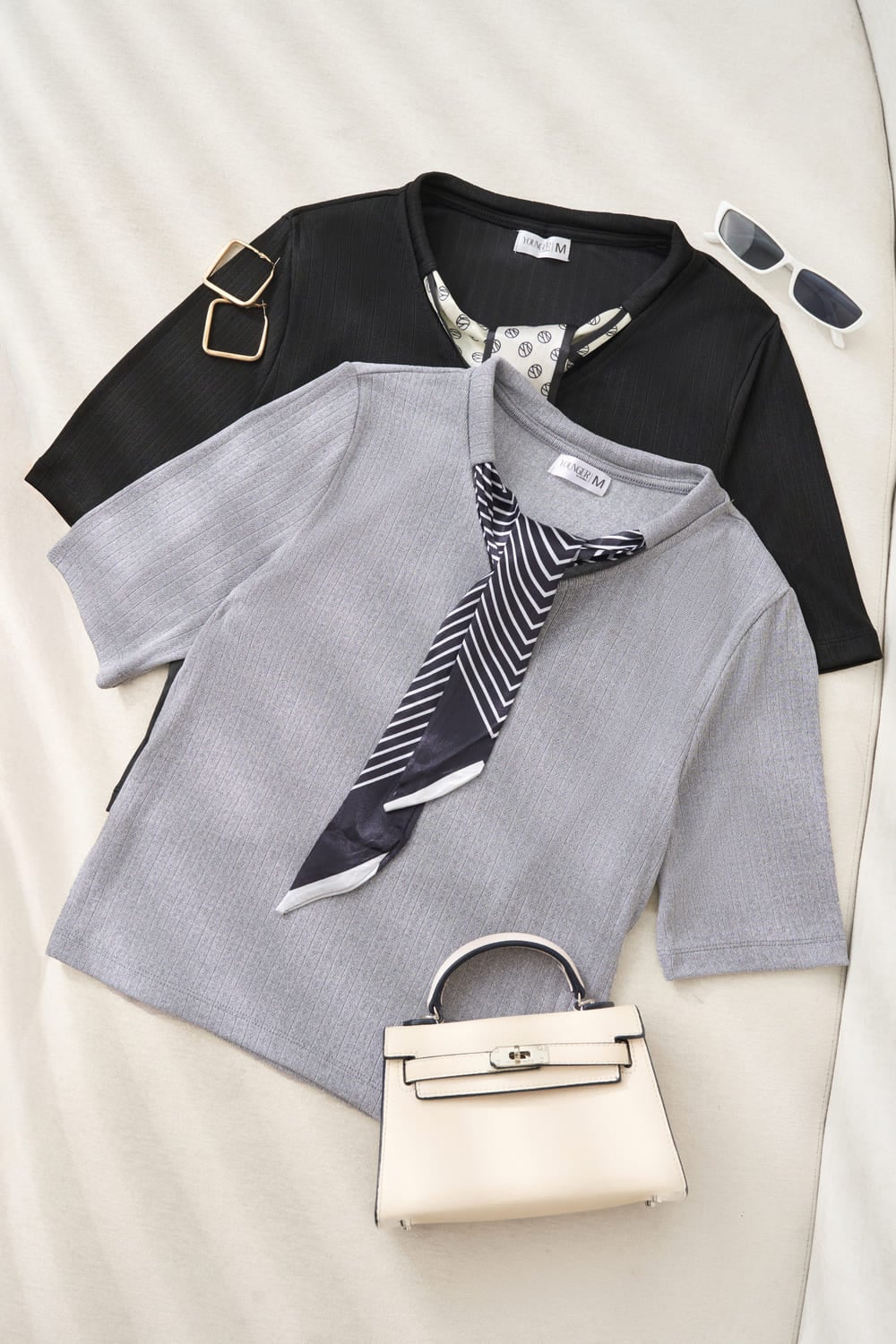 Áo thun tăm nữ Cardina tay lỡ cổ mix khăn