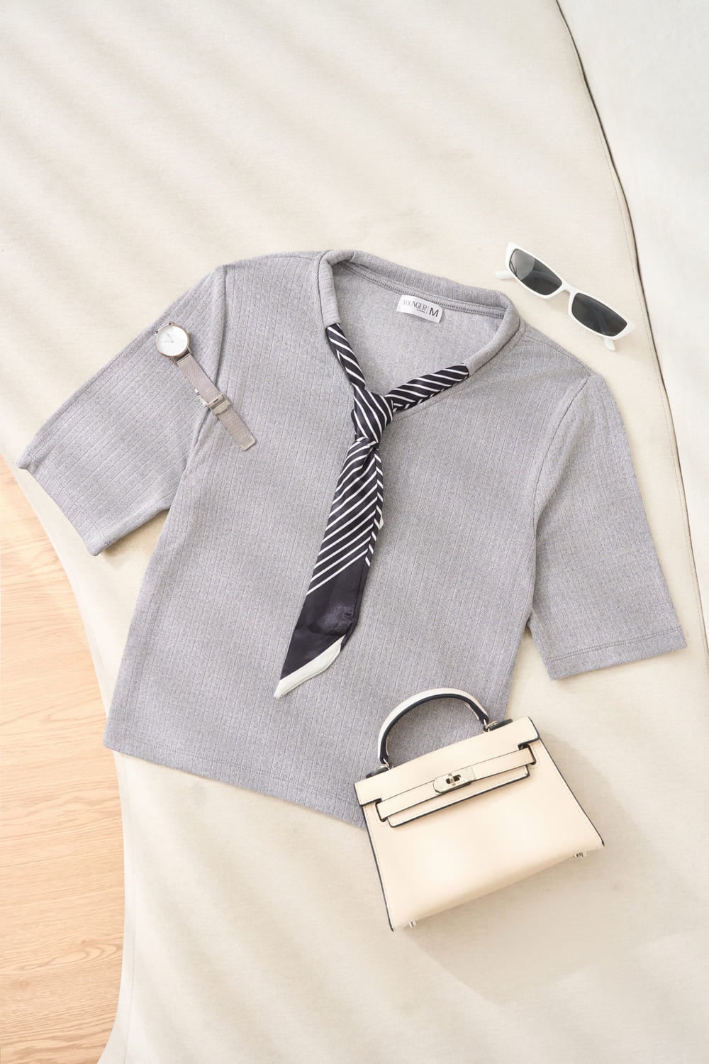 Áo thun tăm nữ Cardina tay lỡ cổ mix khăn