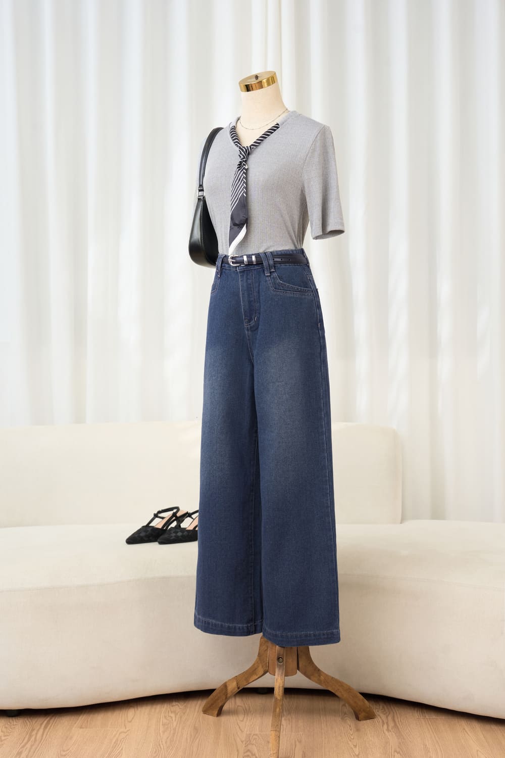 Áo thun tăm nữ Cardina tay lỡ cổ mix khăn