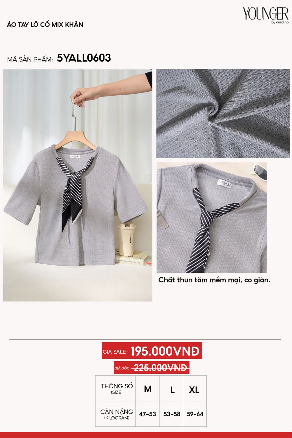 Áo thun tăm nữ Cardina tay lỡ cổ mix khăn