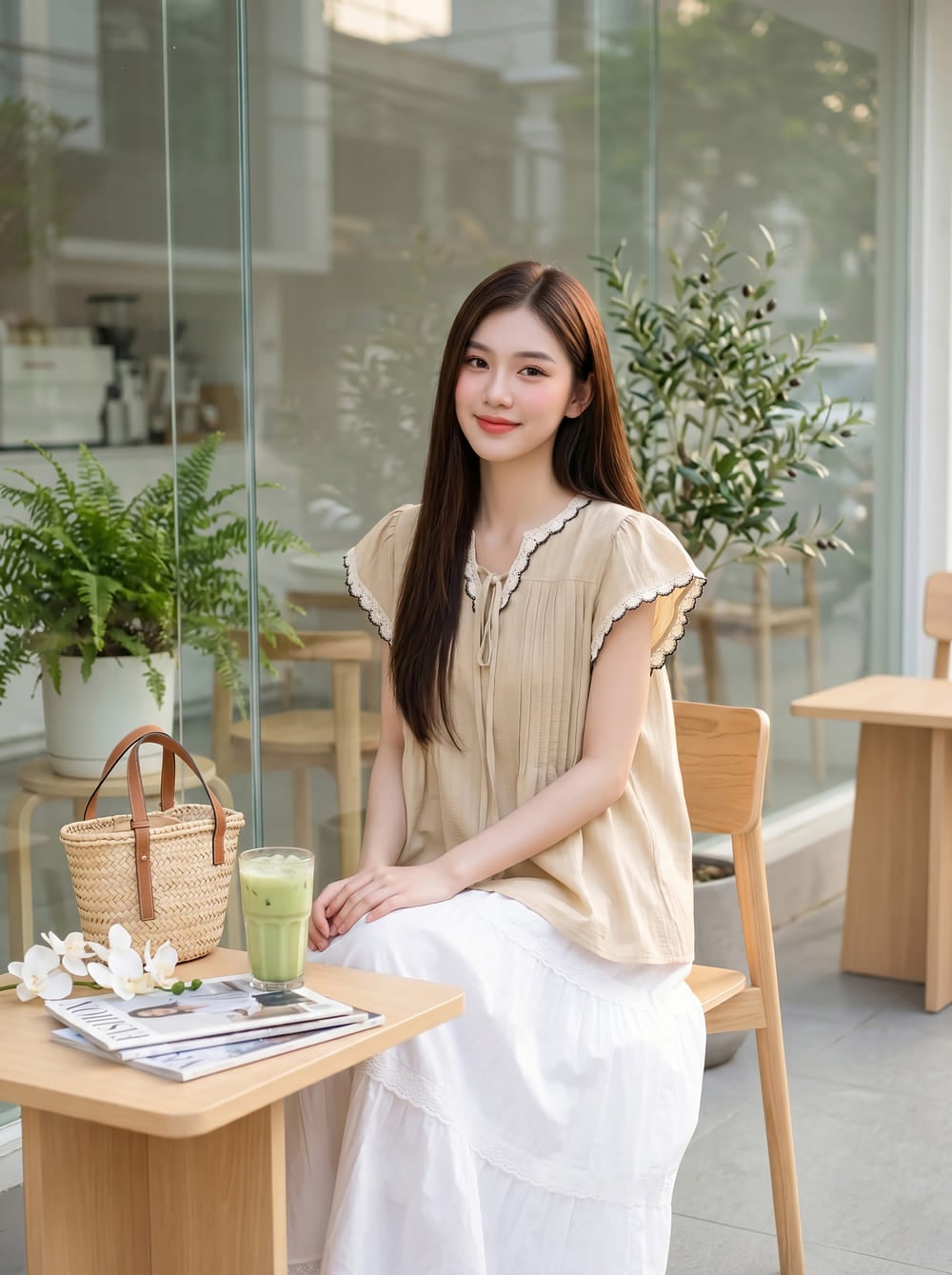 Áo kiểu line tay cánh tiên phối viền