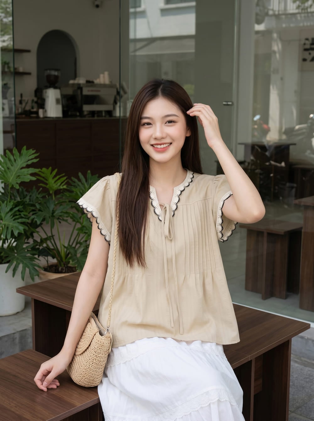 Áo kiểu line tay cánh tiên phối viền