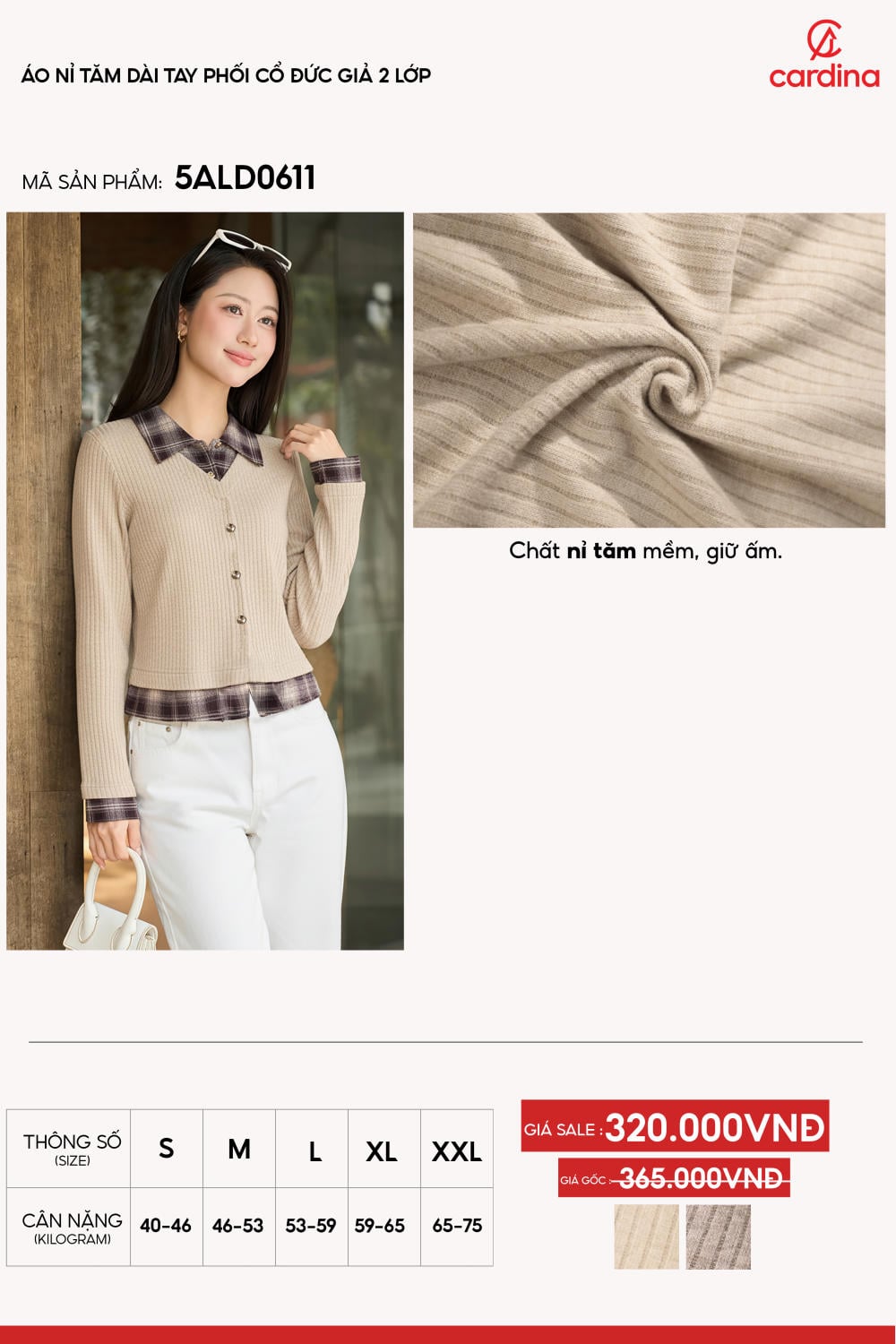 Áo nỉ tăm dài tay phối cổ đức giả 2 lớp phong cách Hàn Quốc