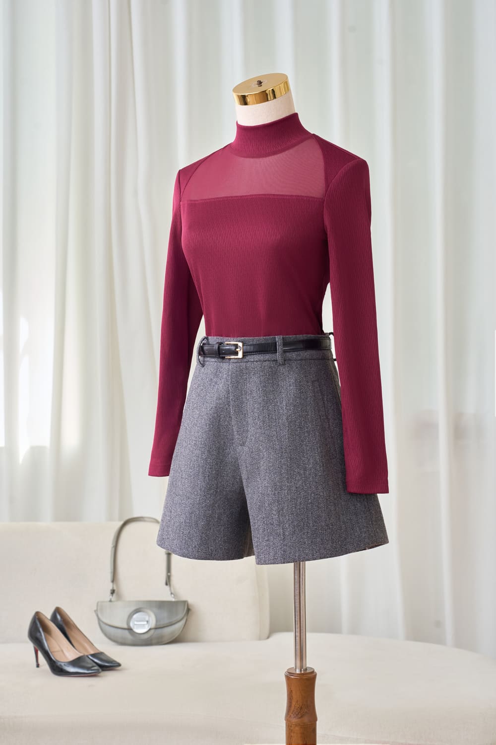 Áo len nữ vải len gân dài tay cao cổ phối lưới ngực