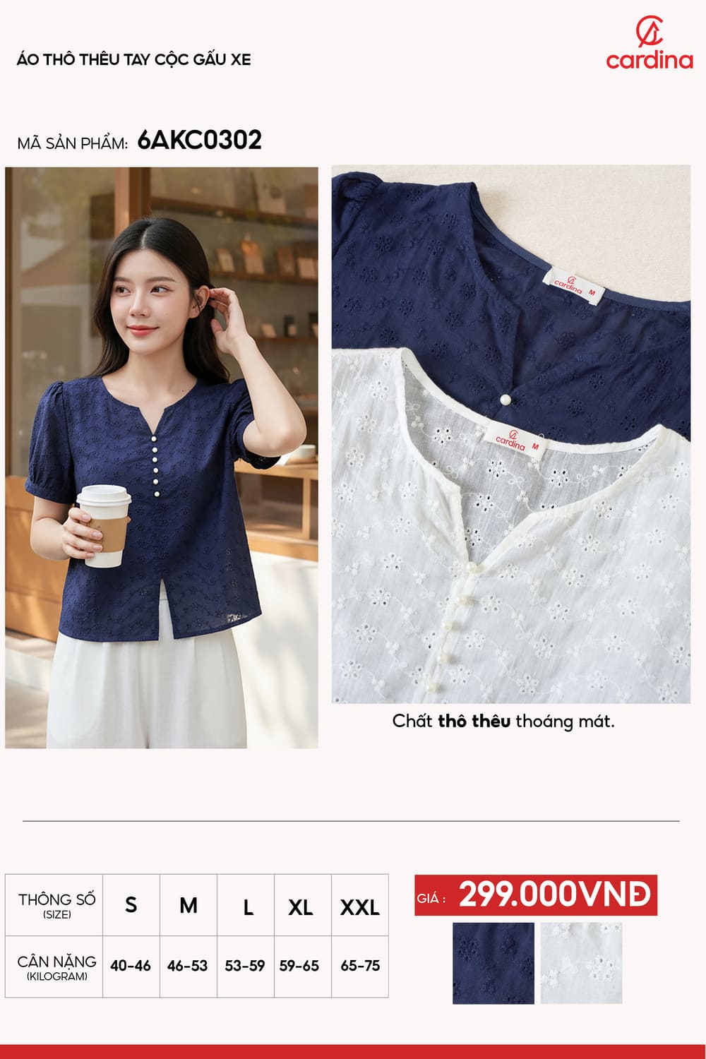 Áo blouse nữ thô thêu tay cộc cổ V phối cúc ngọc