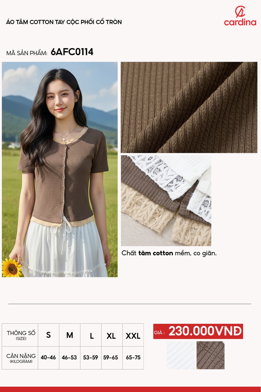 Áo tăm cotton tay cộc phối cổ tròn ren