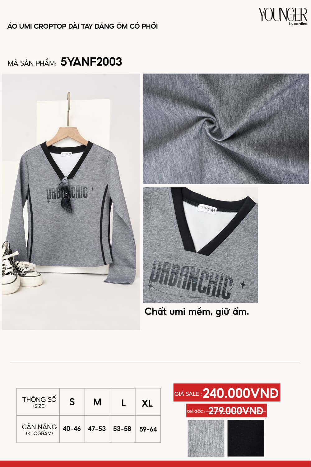 Áo thun nữ vải umi mềm dáng croptop dài tay cổ V phối màu