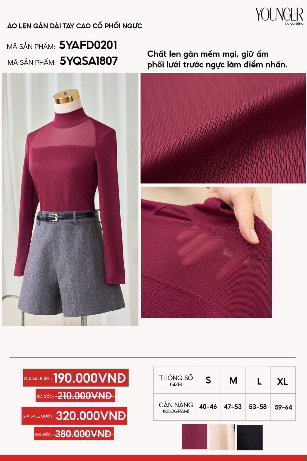 Áo len nữ vải len gân dài tay cao cổ phối lưới ngực