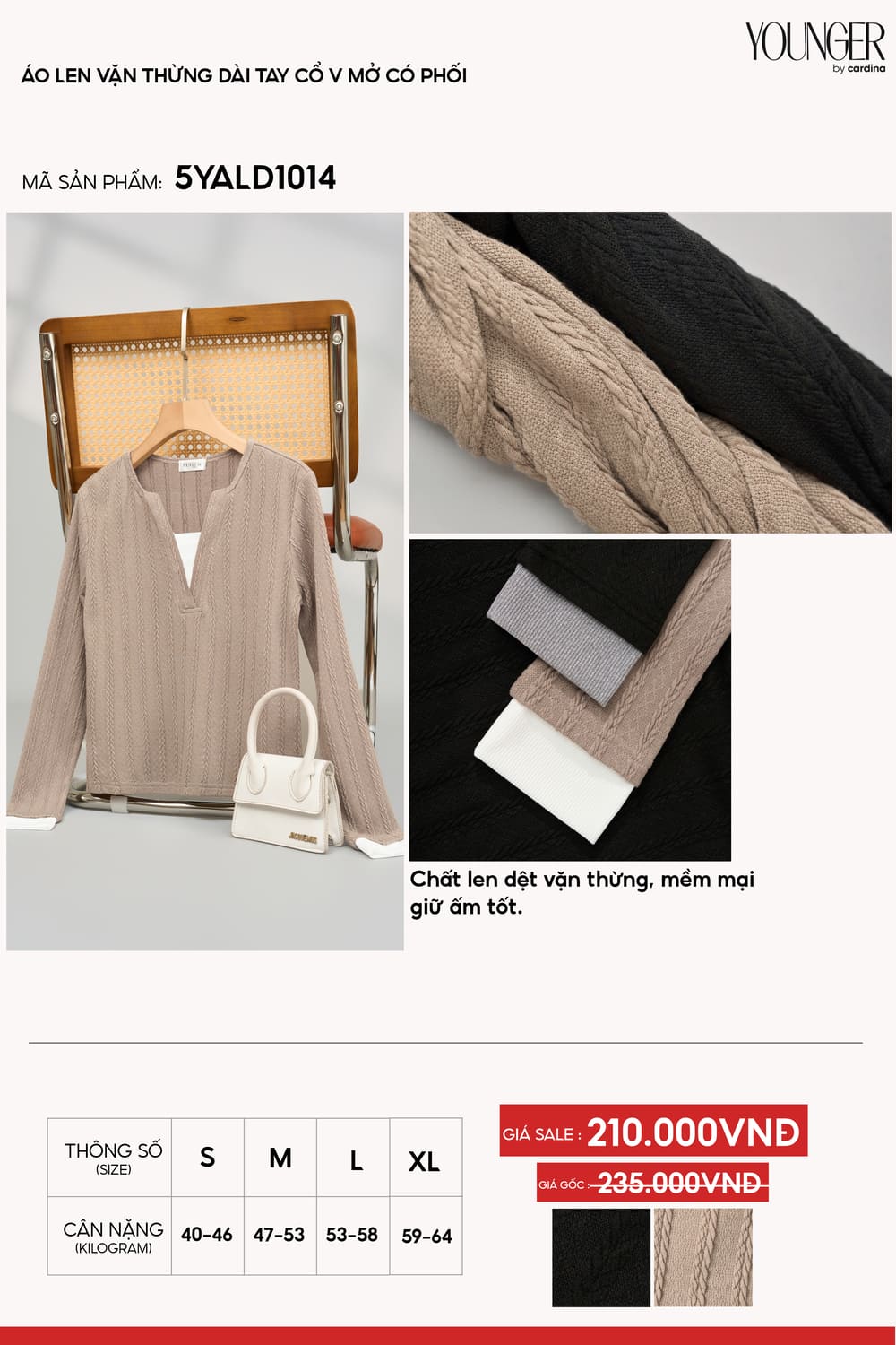 Áo len nữ dệt vặn thừng cổ V dài tay phối lớp