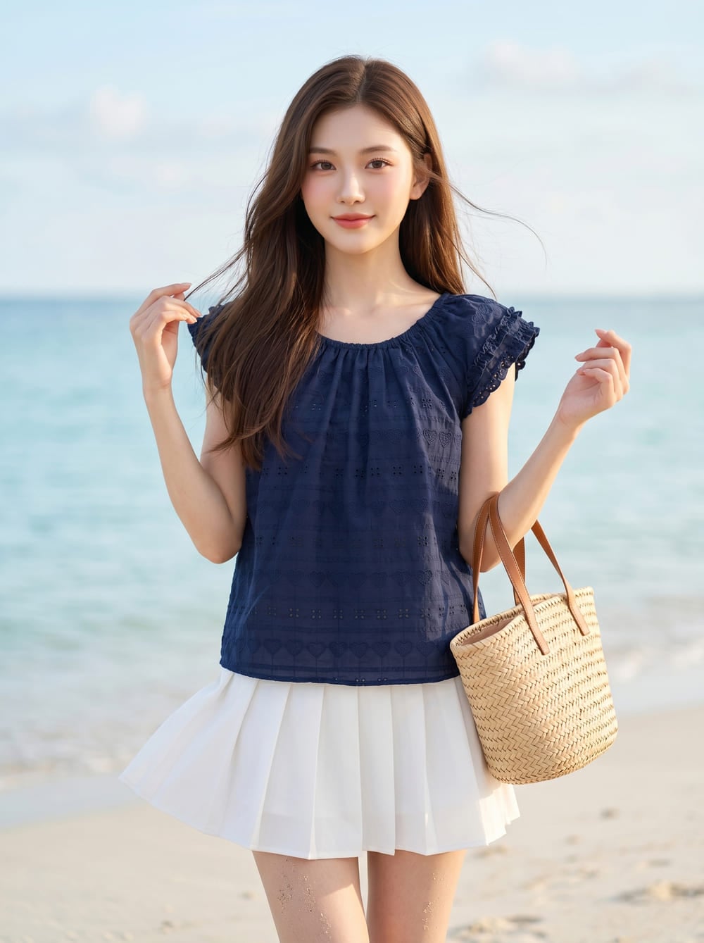Áo kiểu thô thêu cổ tròn tay bèo 2 tầng