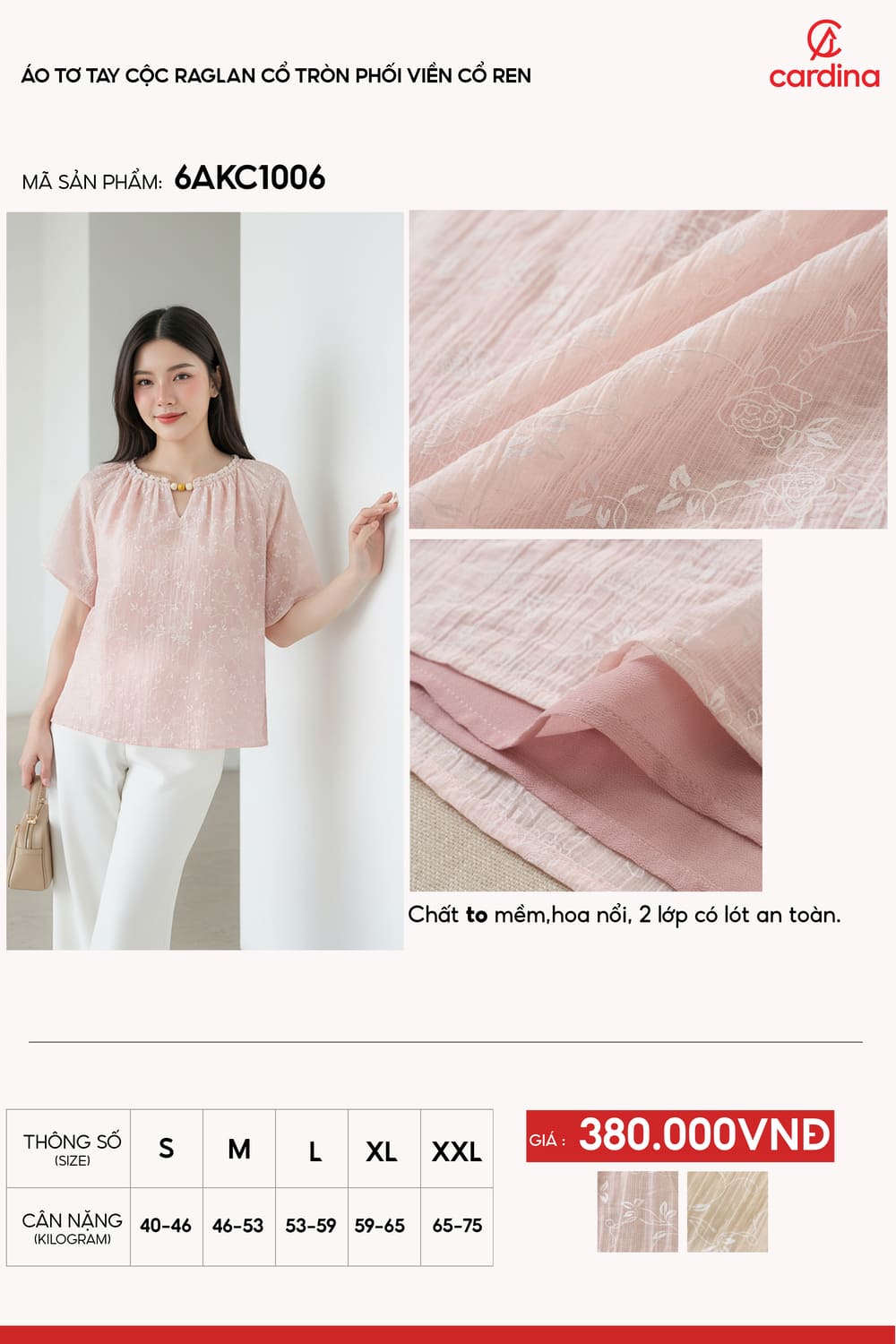 Áo thô nữ thêu tay cộc Raglan cổ tròn phối viền