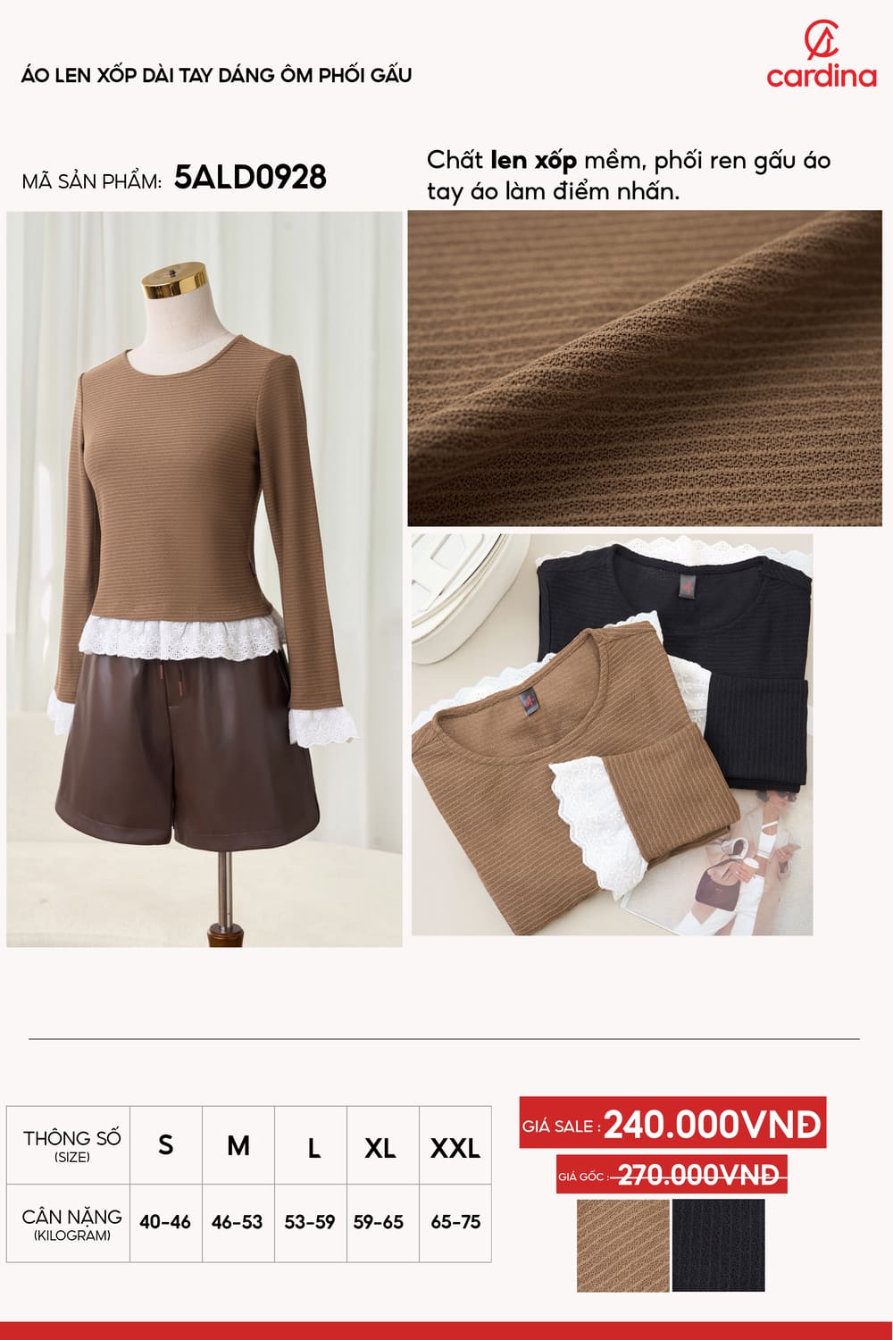 Áo kiểu nữ Cardina dòng thời trang vải len xốp dáng ôm dài tay phối ren gấu