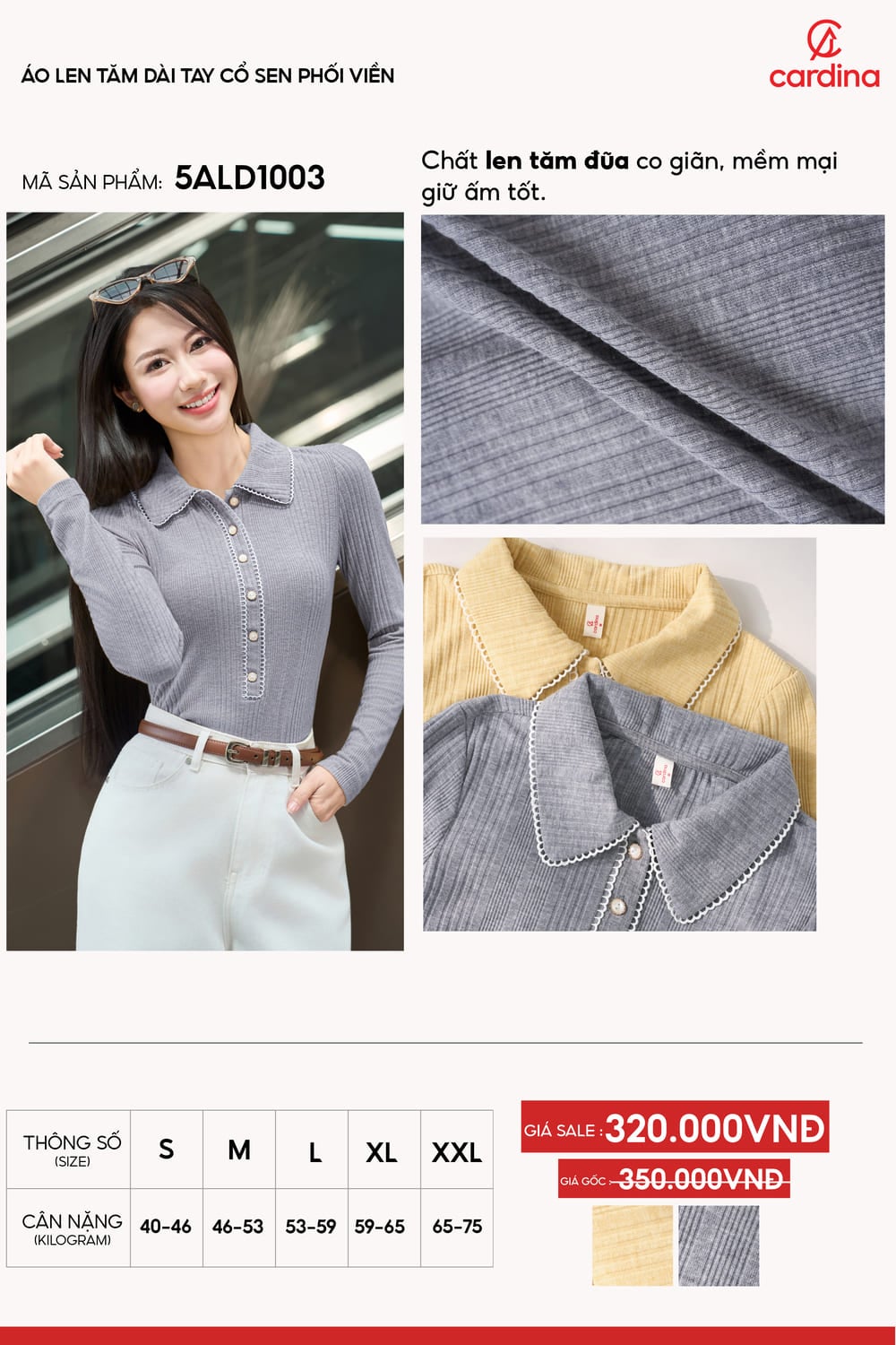 Áo len nữ Cardina tăm dài tay cổ sen phối viền