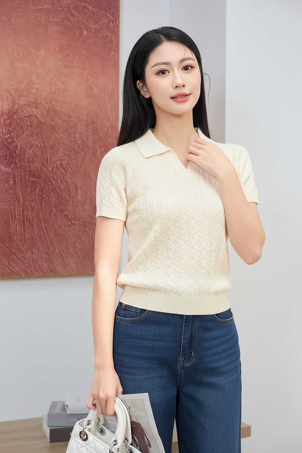 Áo polo dệt sợi cotton Icesilk tay cộc cổ V dập vặn thừng