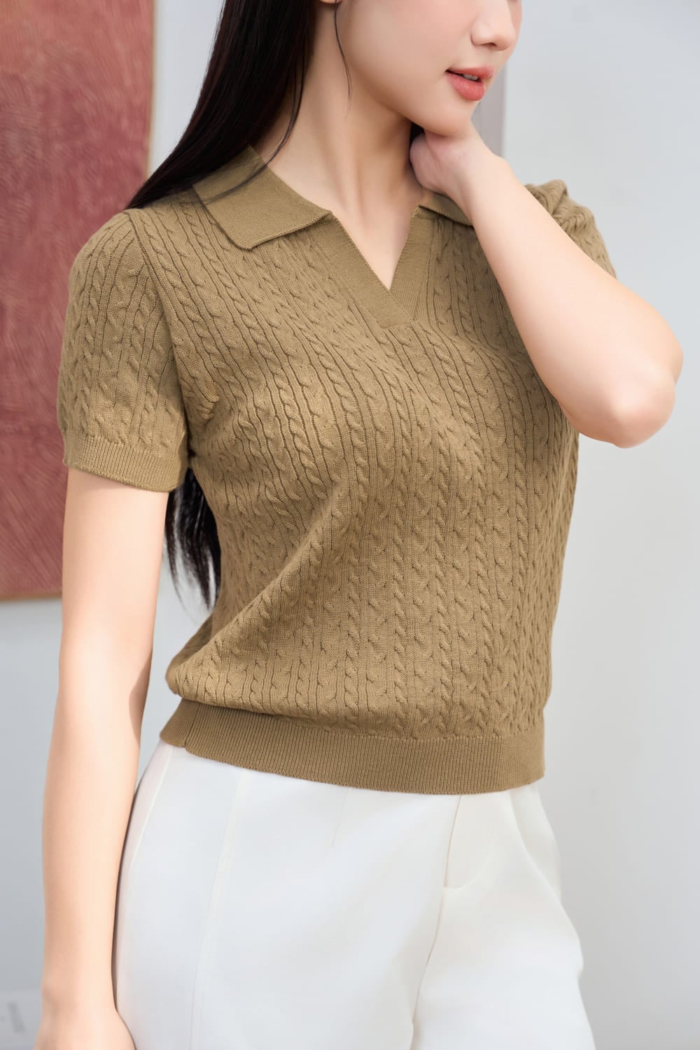 Áo polo dệt sợi cotton Icesilk tay cộc cổ V dập vặn thừng