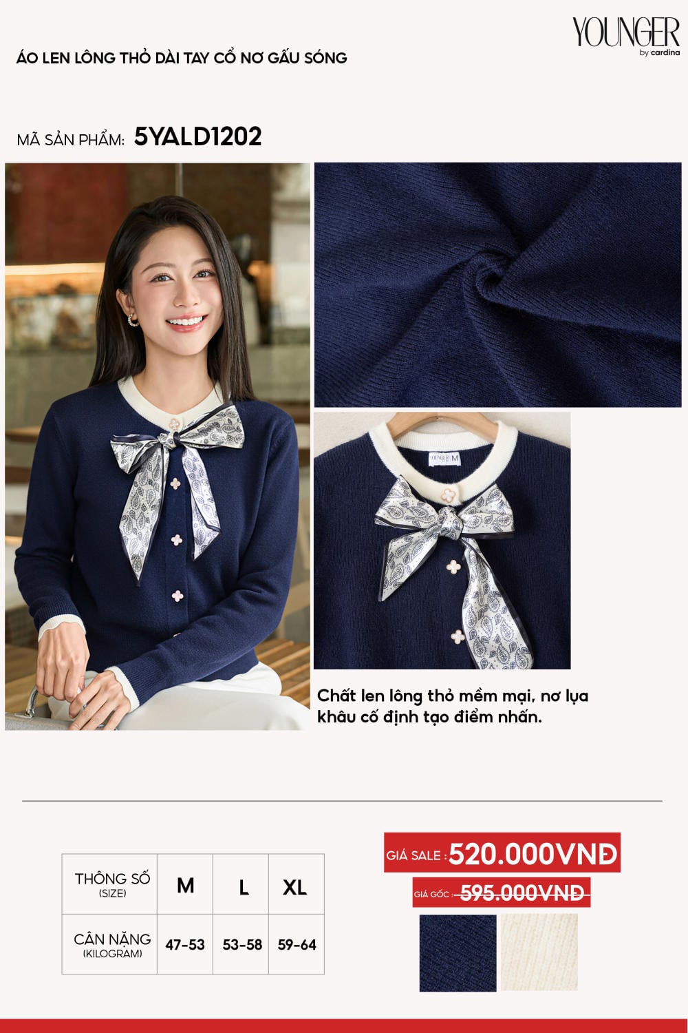 Áo len nữ lông thỏ dài tay cổ nơ lụa gấu sóng.