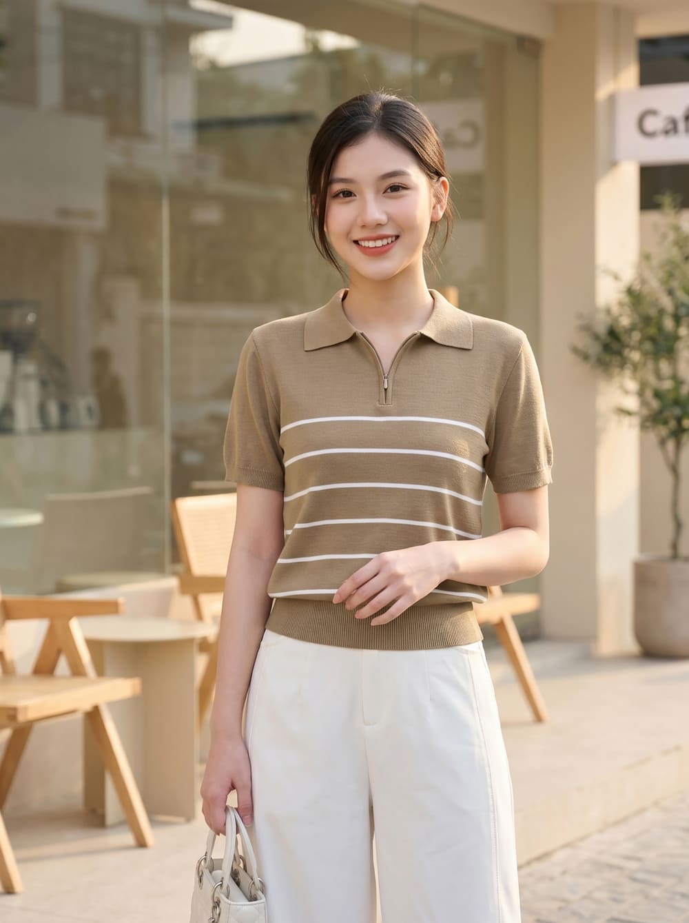 Áo len sợi cotton tay cộc cổ polo khóa