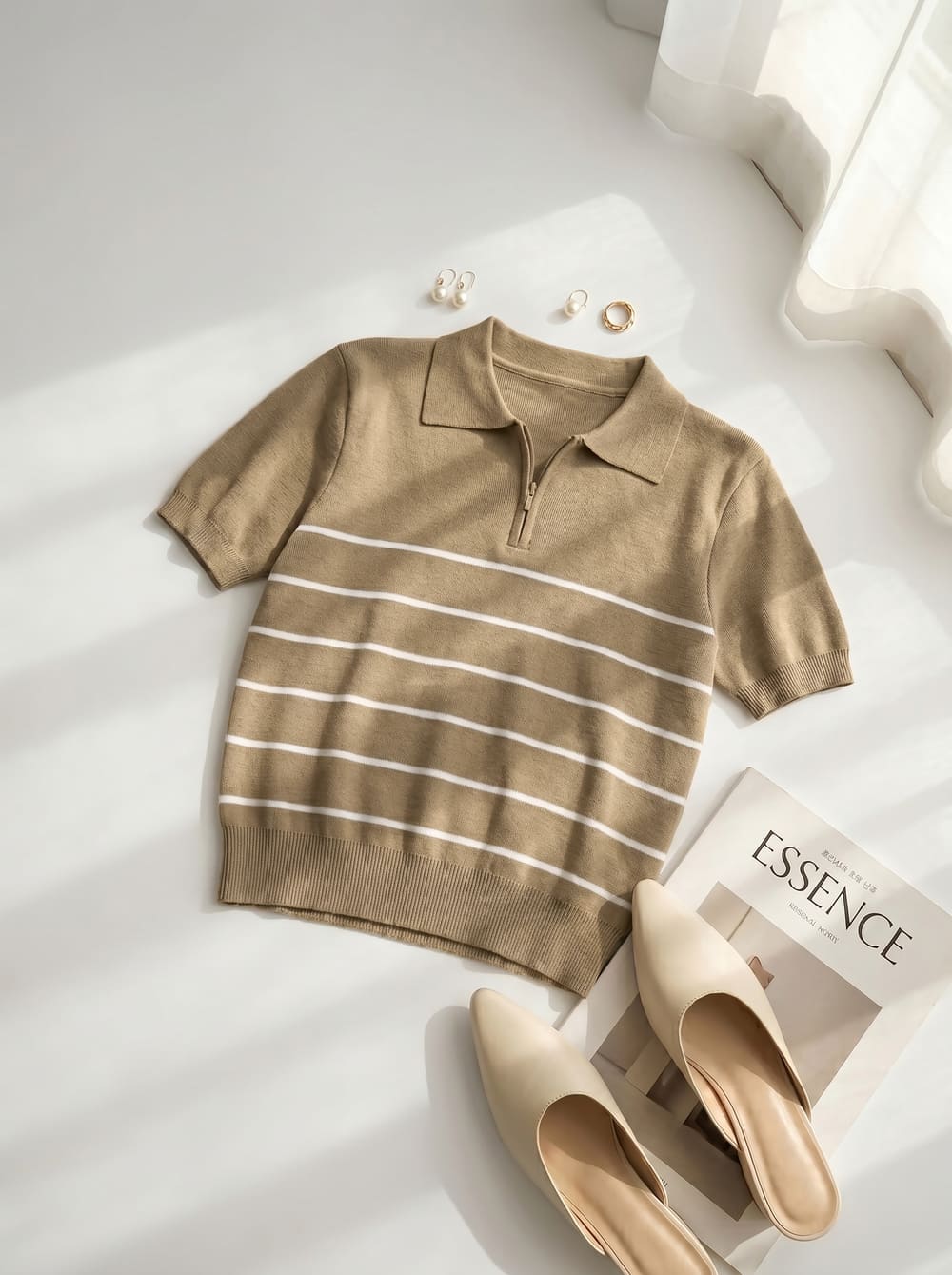 Áo len sợi cotton tay cộc cổ polo khóa