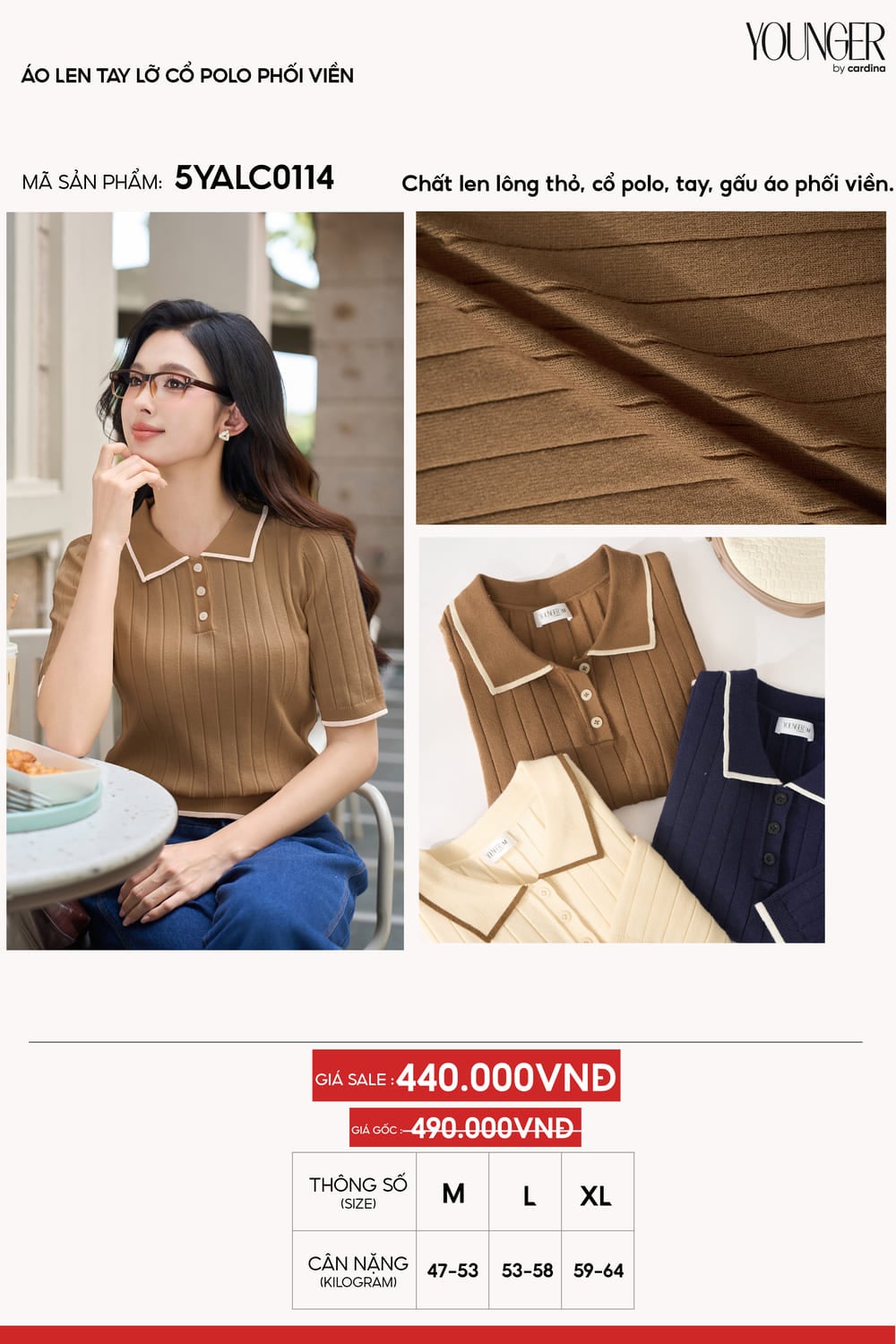 Áo len tay lỡ cổ polo phối viền