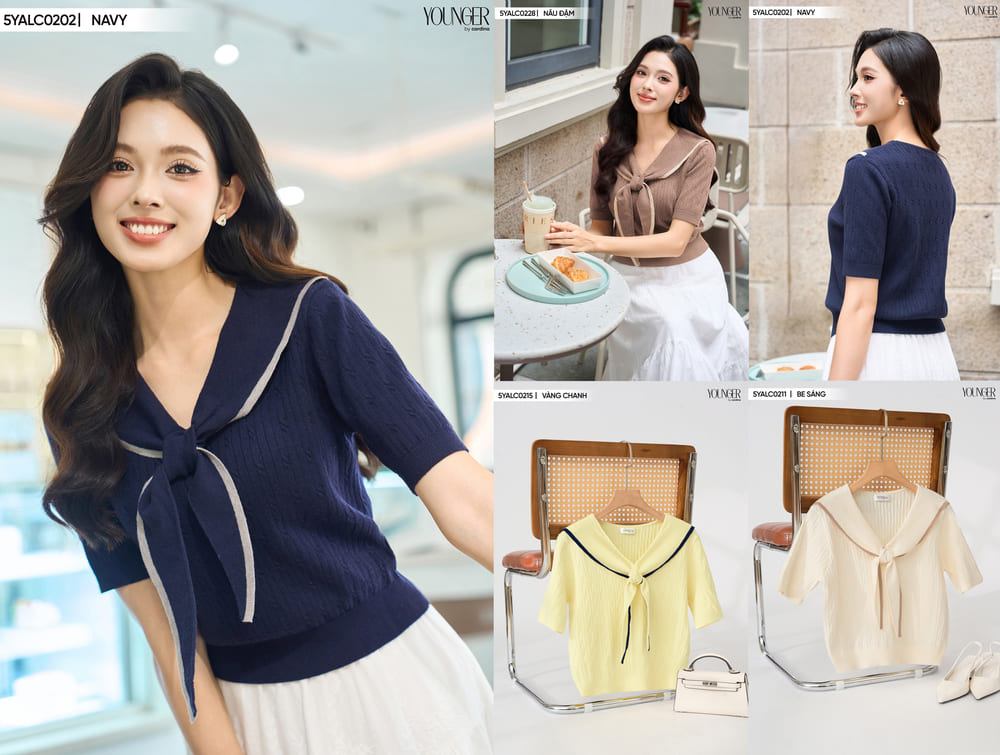 Áo len nữ Cardina tay lỡ cổ nơ thủy thủ