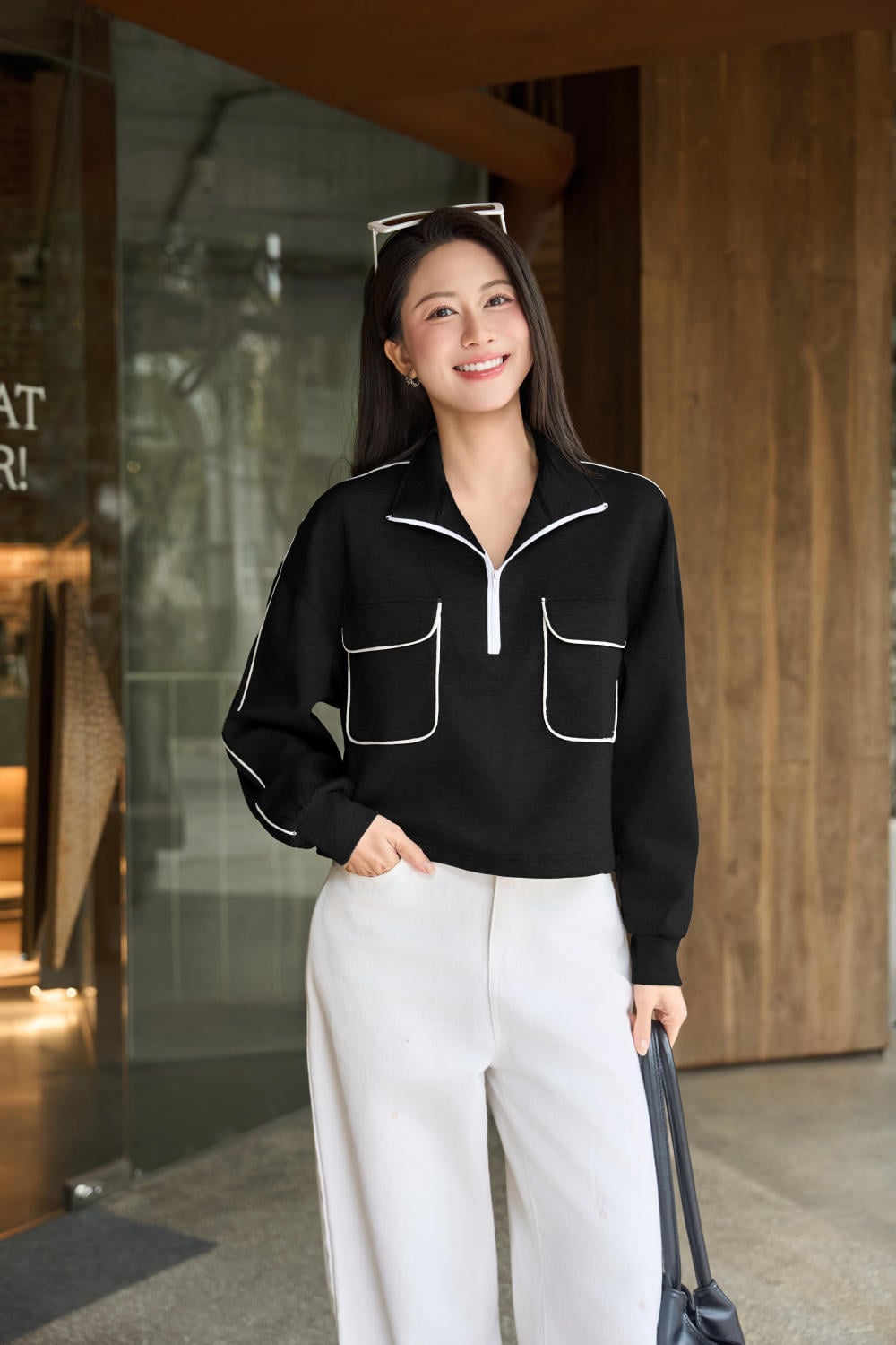 Áo Umi Mềm Giữ Ấm Túi Hộp Vai Chờm Cổ Khóa Zip Dáng Suông