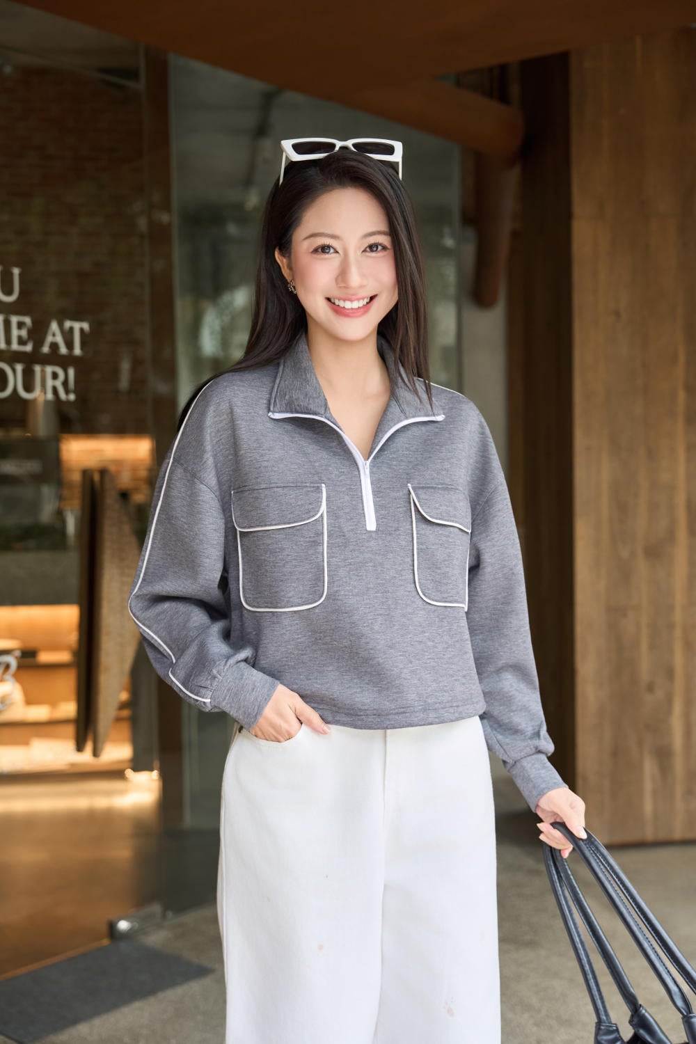 Áo Umi Mềm Giữ Ấm Túi Hộp Vai Chờm Cổ Khóa Zip Dáng Suông