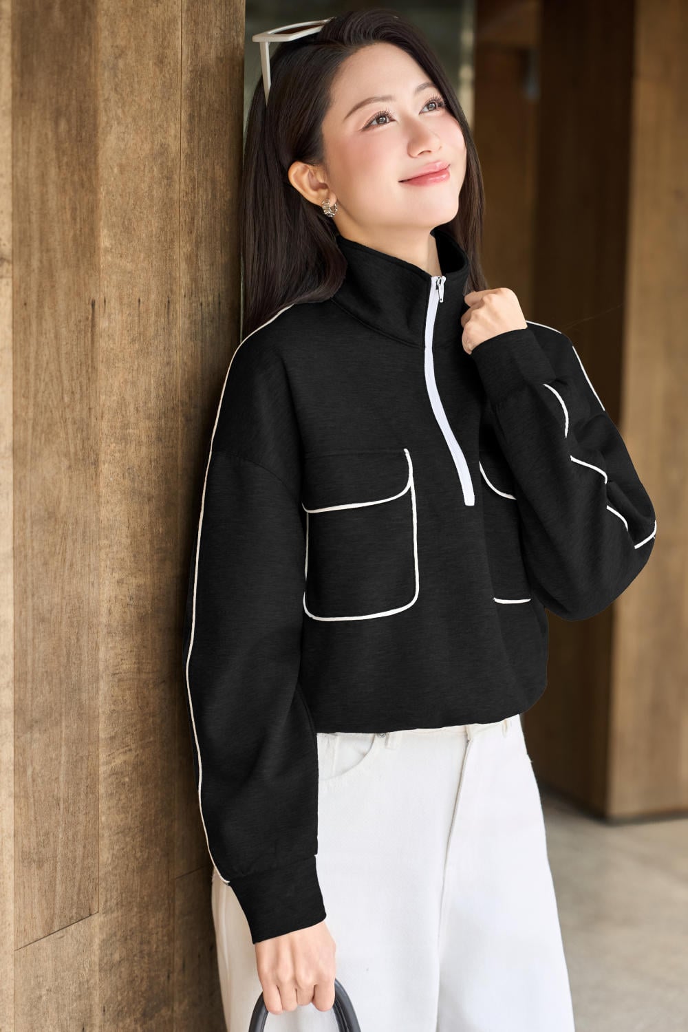 Áo Umi Mềm Giữ Ấm Túi Hộp Vai Chờm Cổ Khóa Zip Dáng Suông